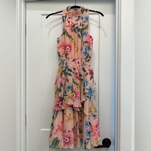 Eliza J Orange and Pink Halter Sundress for Wedding Guest